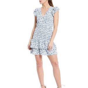 Sugarlips Blue Floral Print V-Neck Double Flutter Sleeve Smocked Mini Dress
